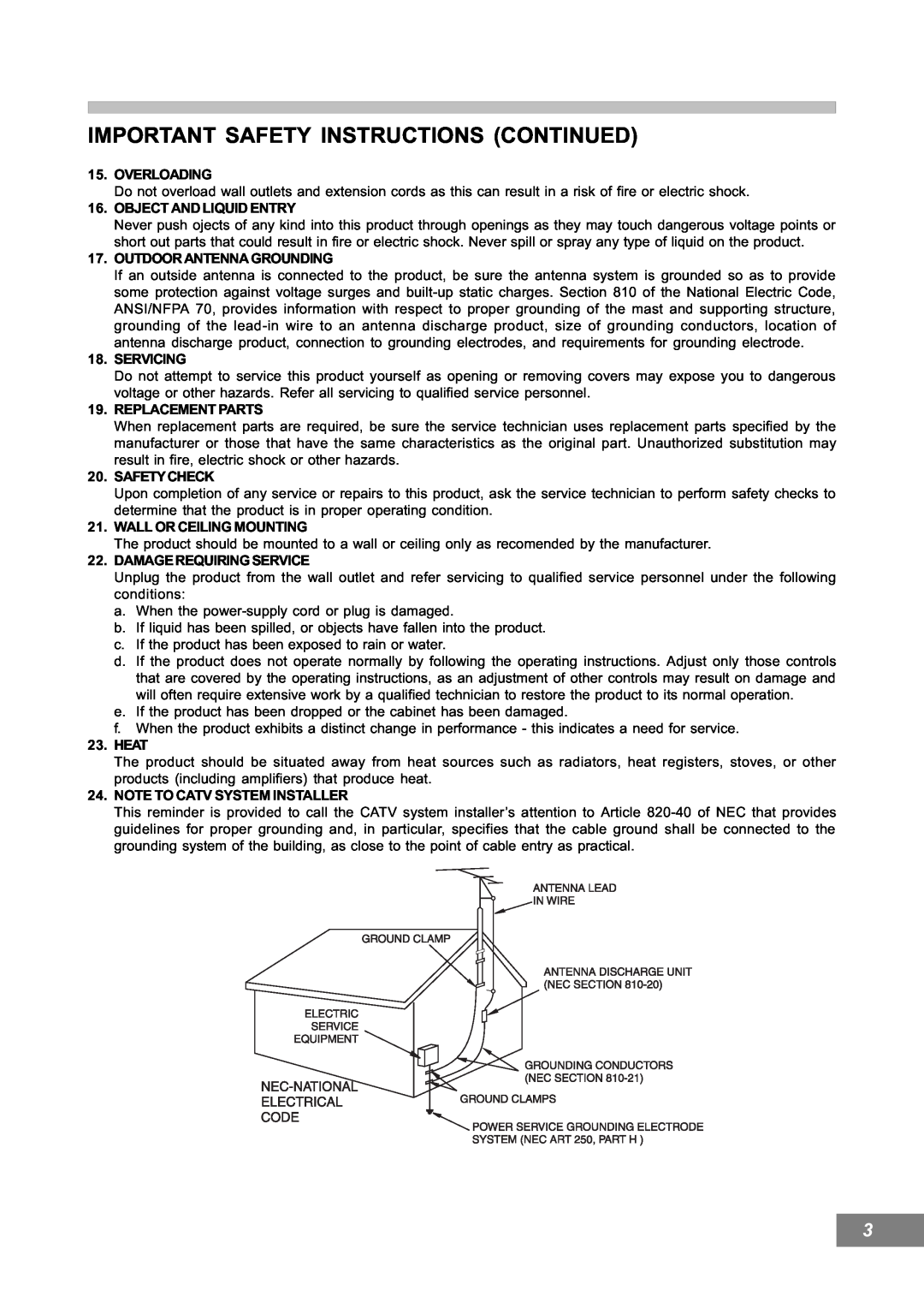 Emerson AV101 manual Important Safety Instructions Continued, Overloading 