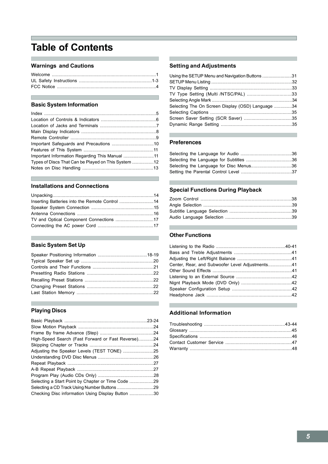 Emerson AV101 manual Table of Contents, Preferences 