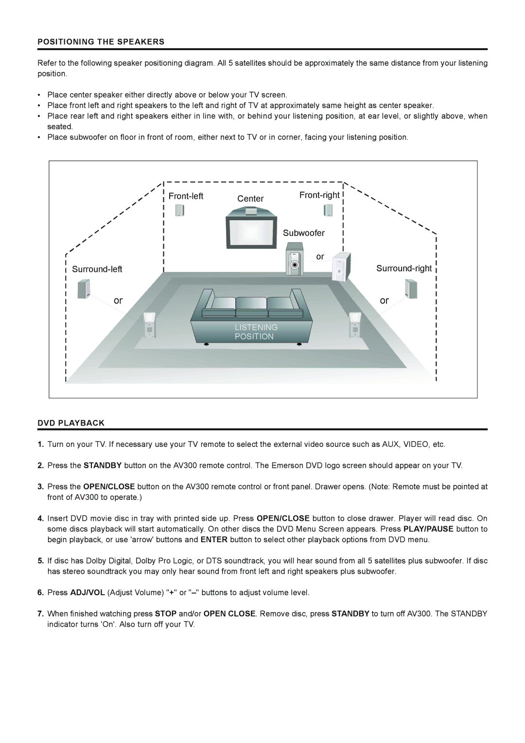 Emerson AV300 setup guide Positioning the Speakers, DVD Playback 