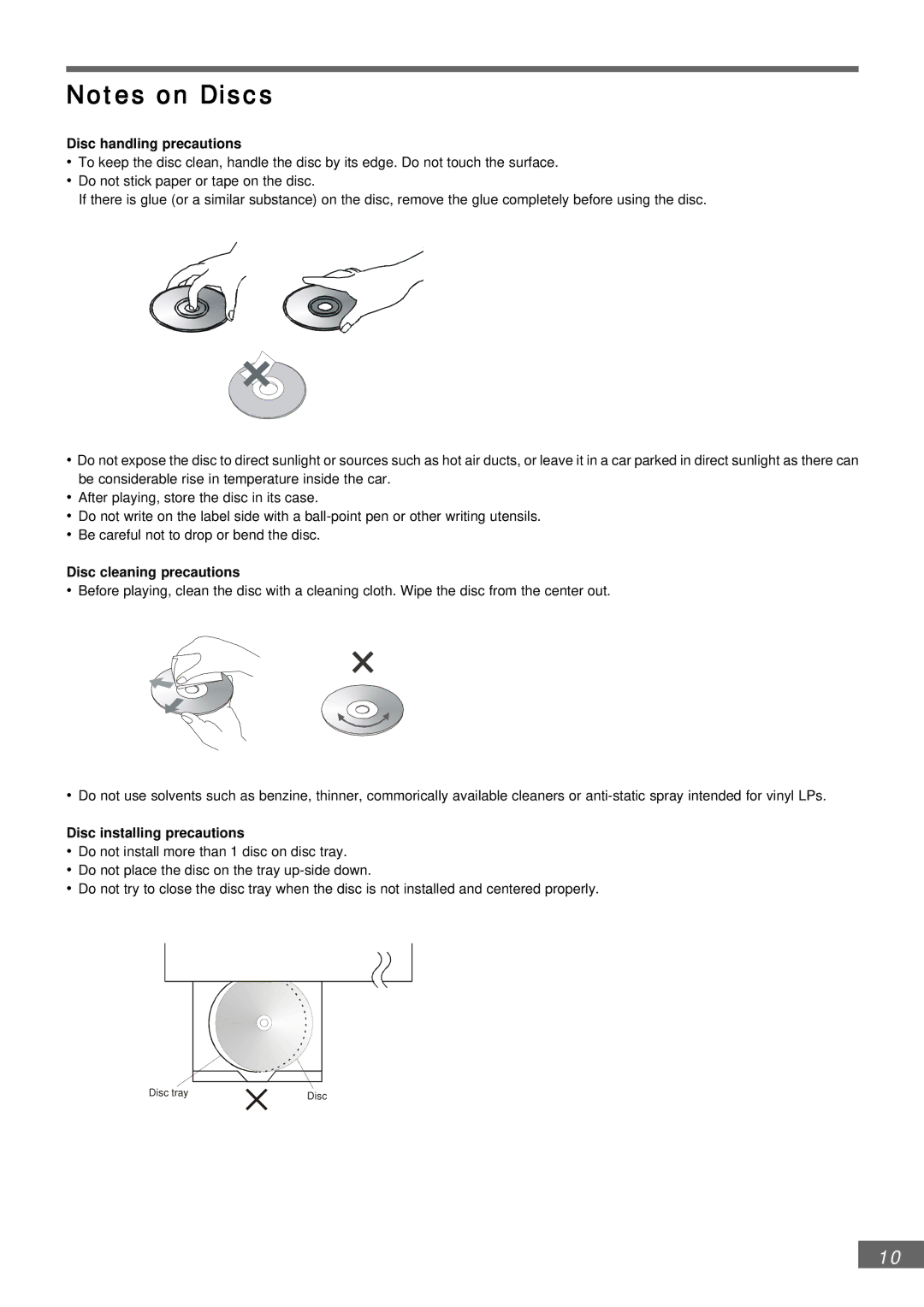 Emerson AV301 owner manual Disc handling precautions, Disc cleaning precautions, Disc installing precautions 