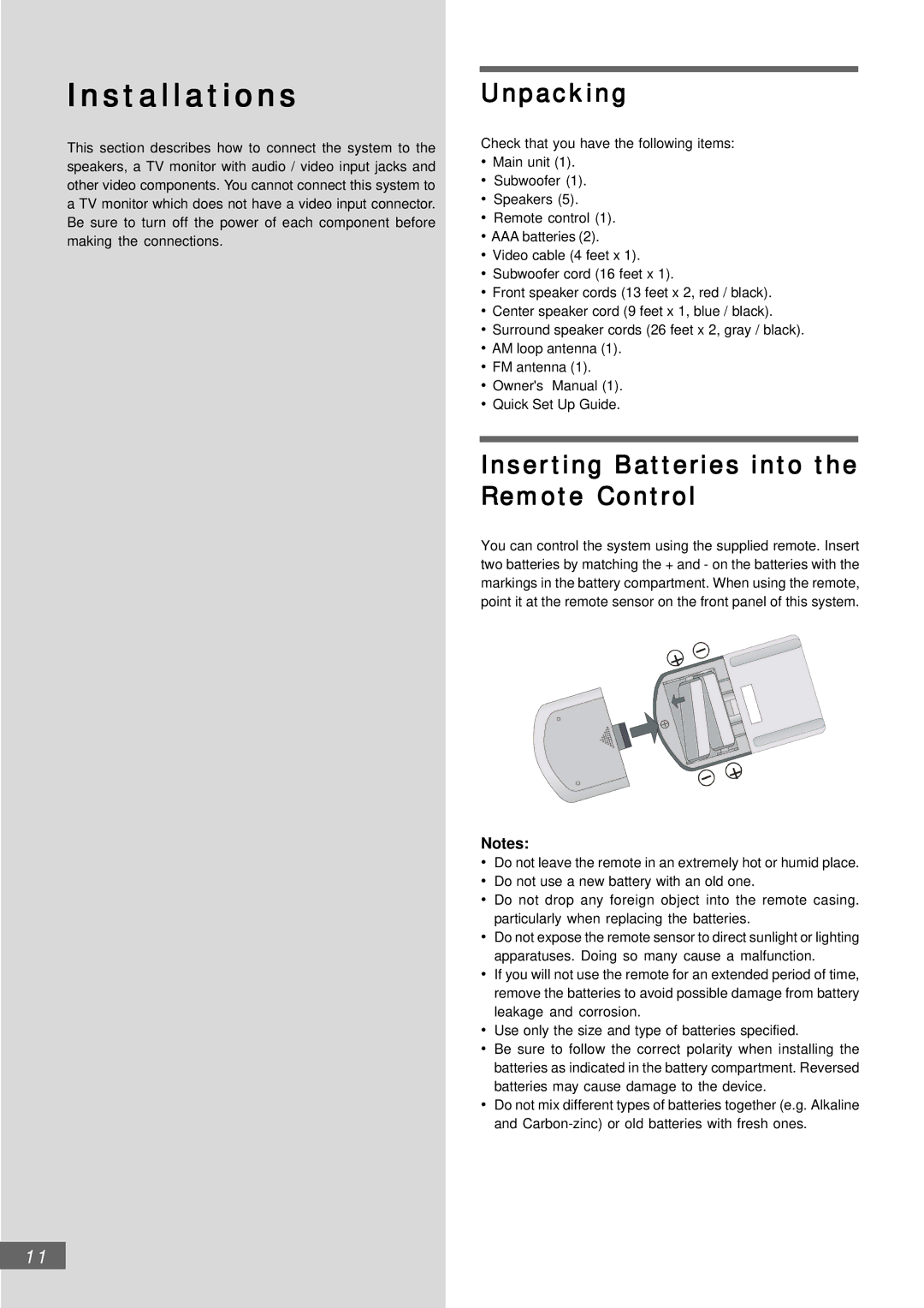 Emerson AV301 owner manual Installations, Unpacking, Inserting Batteries into the Remote Control 