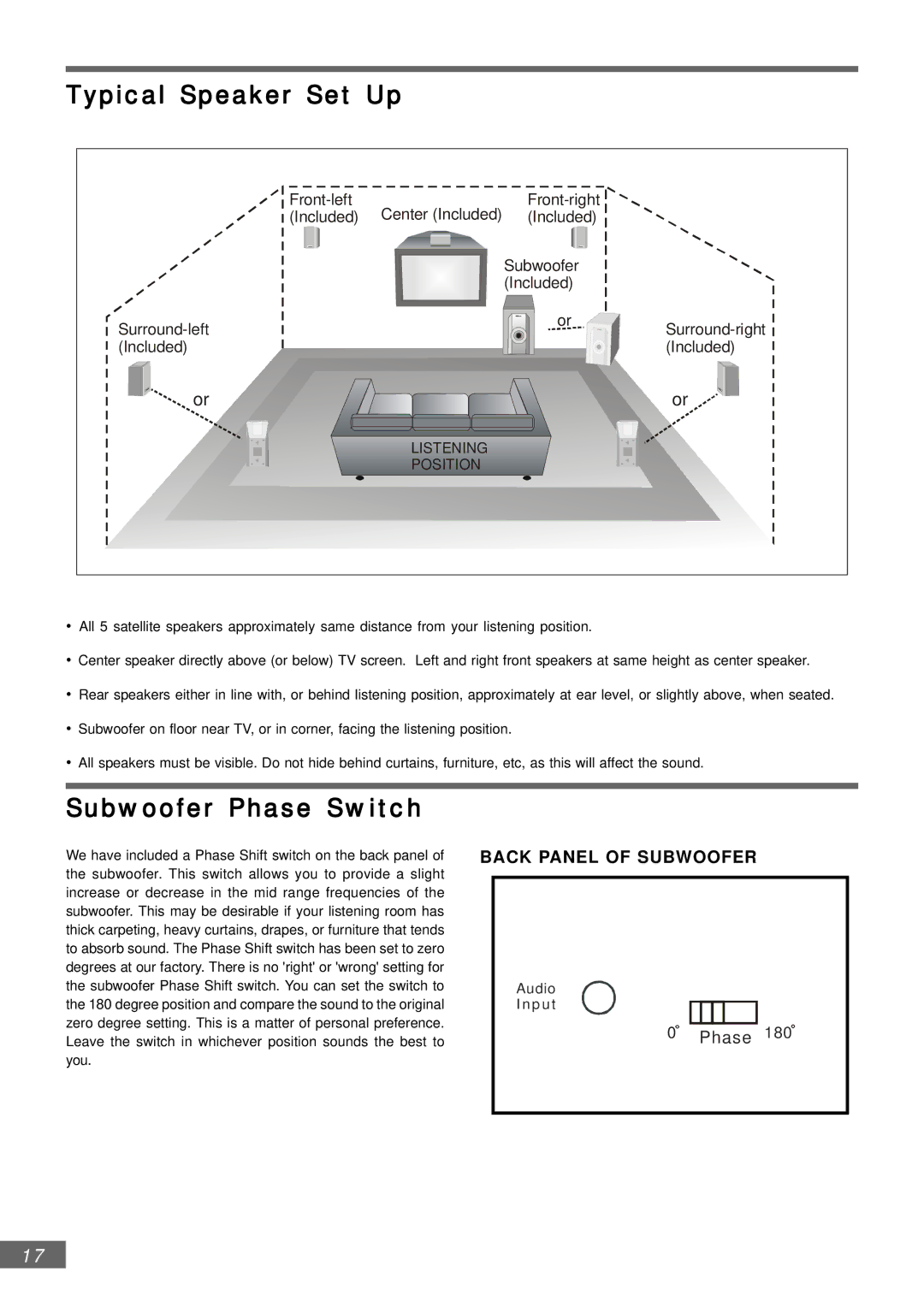 Emerson AV301 owner manual Typical Speaker Set Up, Subwoofer Phase Switch 