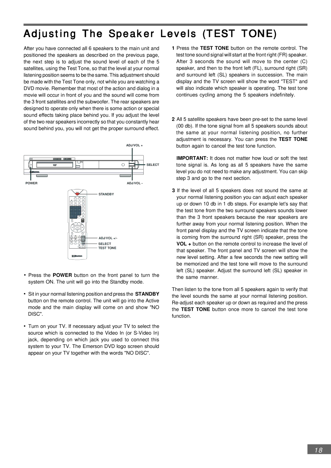 Emerson AV301 owner manual Adjusting The Speaker Levels Test Tone 