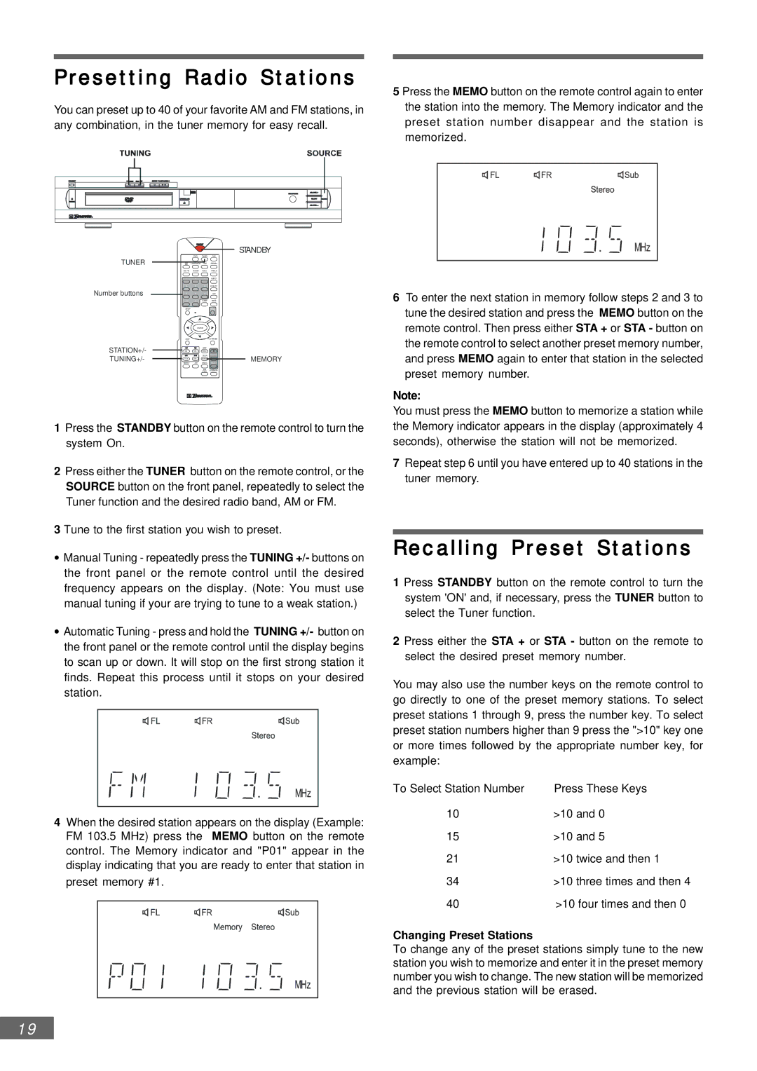 Emerson AV301 owner manual Presetting Radio Stations, Recalling Preset Stations, Changing Preset Stations 