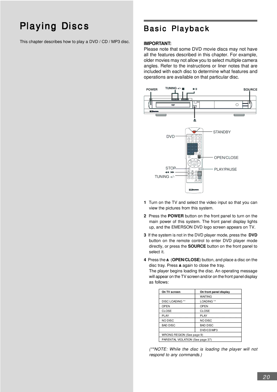 Emerson AV301 owner manual Playing Discs, Basic Playback 