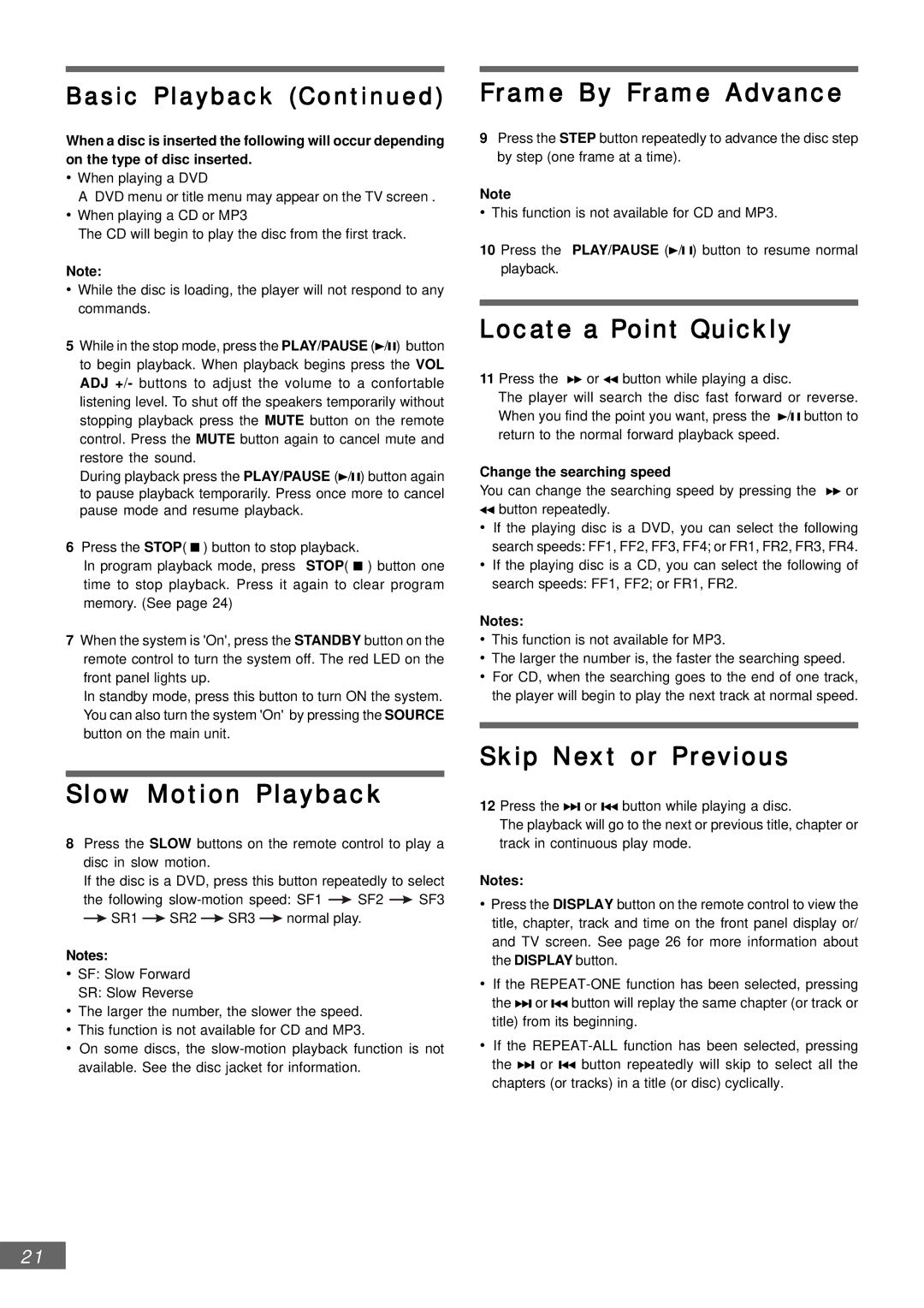 Emerson AV301 owner manual Slow Motion Playback, Frame By Frame Advance, Locate a Point Quickly, Skip Next or Previous 