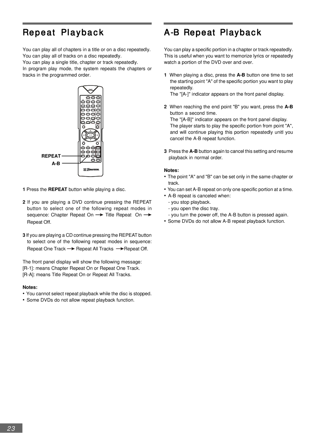 Emerson AV301 owner manual Repeat Playback 