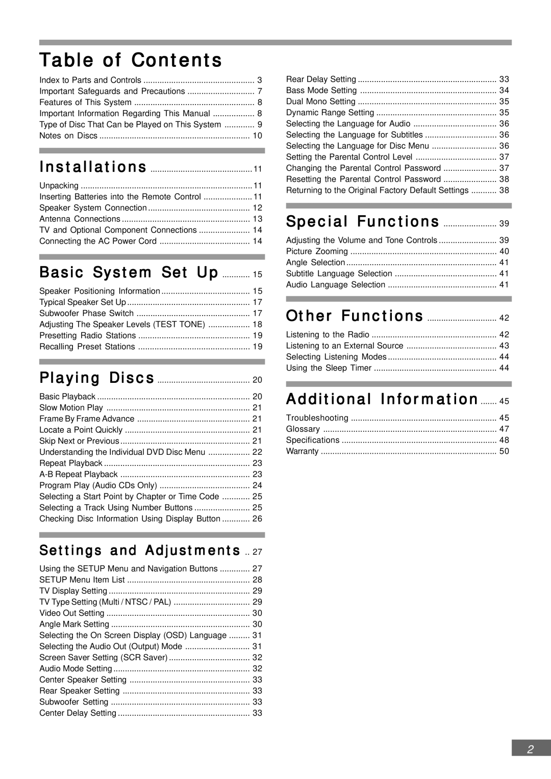 Emerson AV301 owner manual Table of Contents 