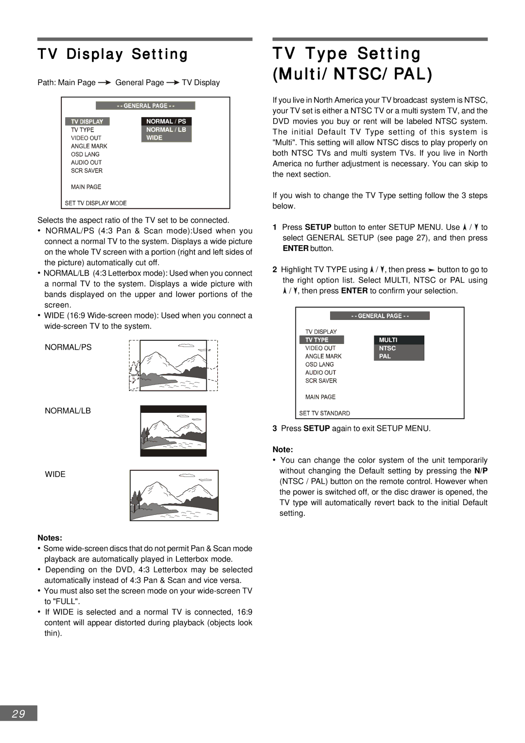 Emerson AV301 owner manual TV Display Setting, NORMAL/PS NORMAL/LB Wide 