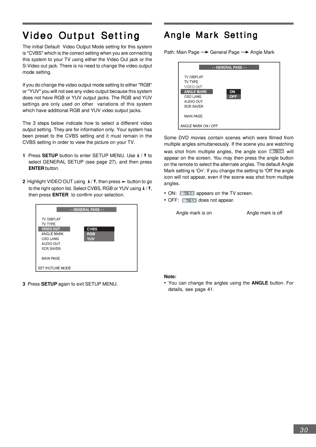 Emerson AV301 owner manual Video Output Setting, Angle Mark Setting 