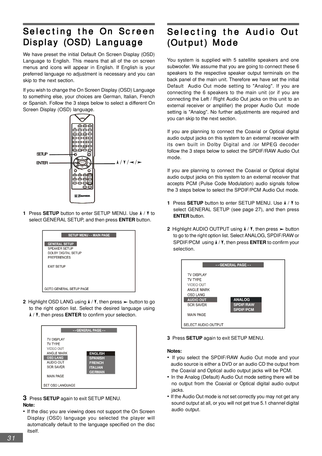 Emerson AV301 owner manual Selecting the On Screen Display OSD Language, Selecting the Audio Out Output Mode 