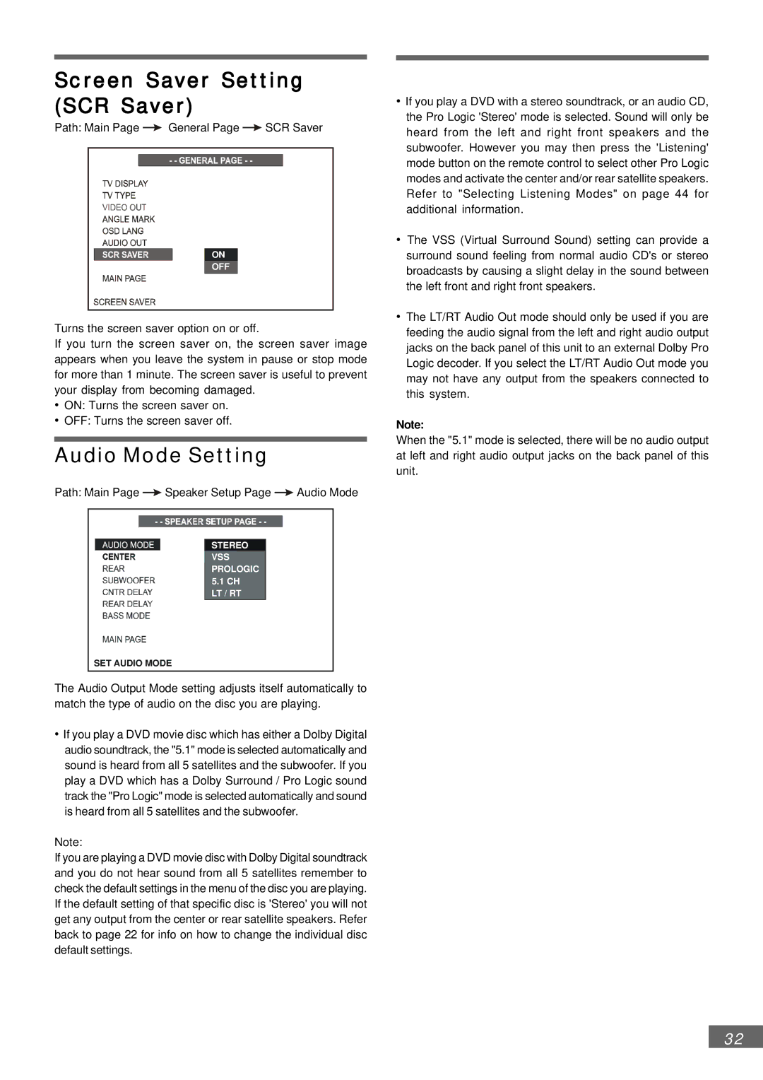 Emerson AV301 owner manual Screen Saver Setting SCR Saver, Audio Mode Setting 