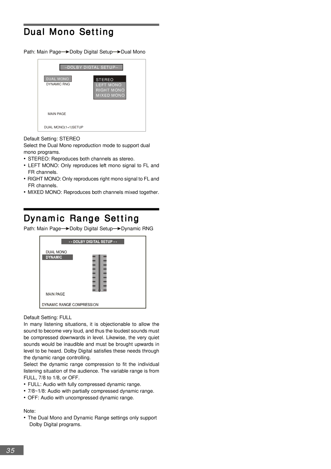 Emerson AV301 owner manual Dual Mono Setting, Dynamic Range Setting 