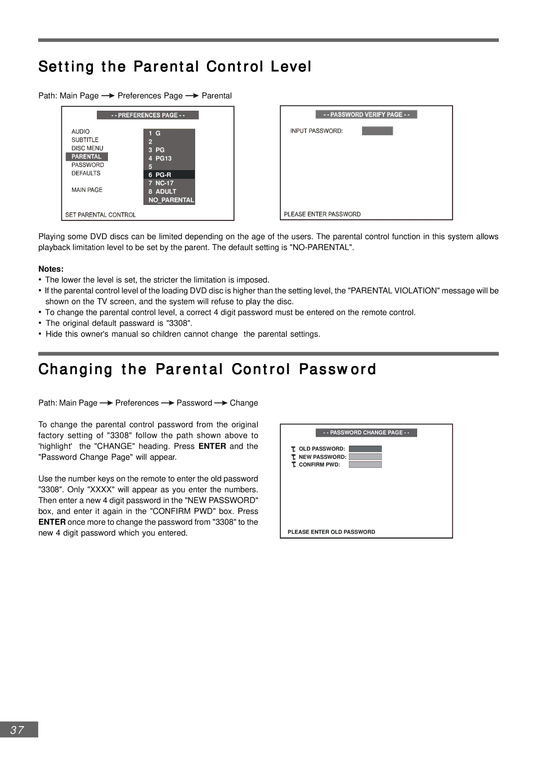 Emerson AV301 owner manual Setting the Parental Control Level, Changing the Parental Control Password 