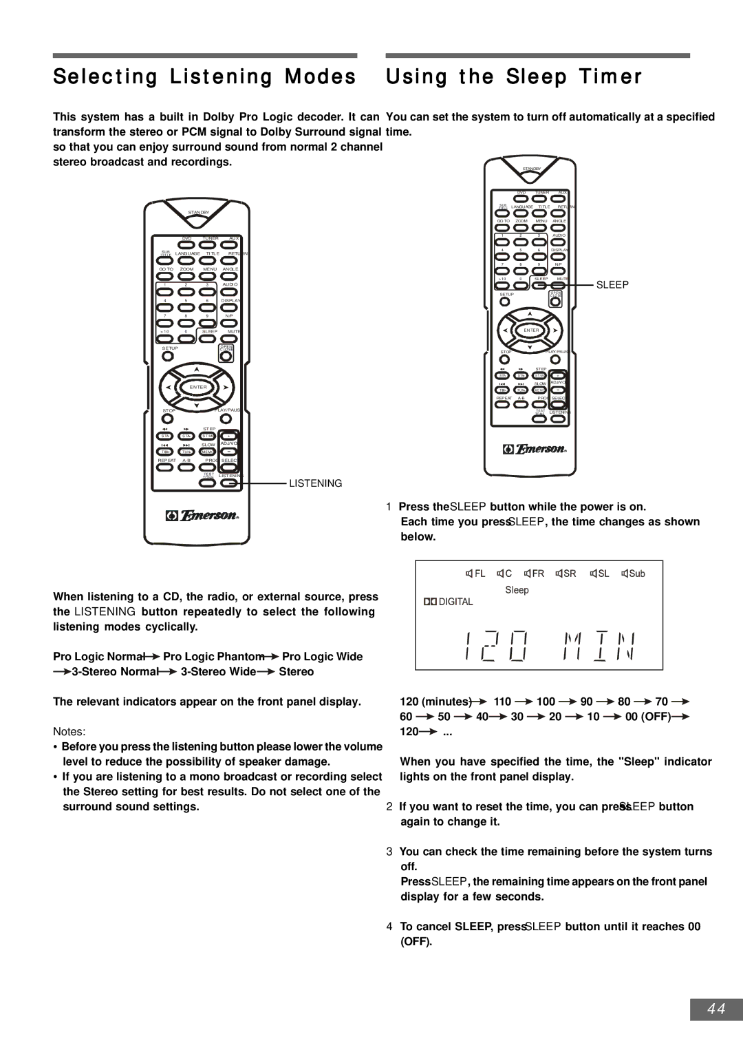 Emerson AV301 owner manual Selecting Listening Modes Using the Sleep Timer 