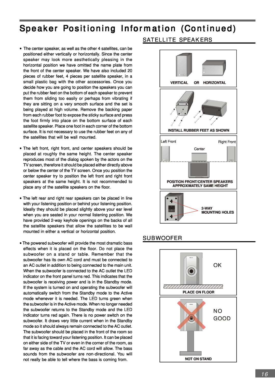 Emerson AV301 owner manual Speaker Positioning Information Continued, Satellite Speakers, Subwoofer, No Good 