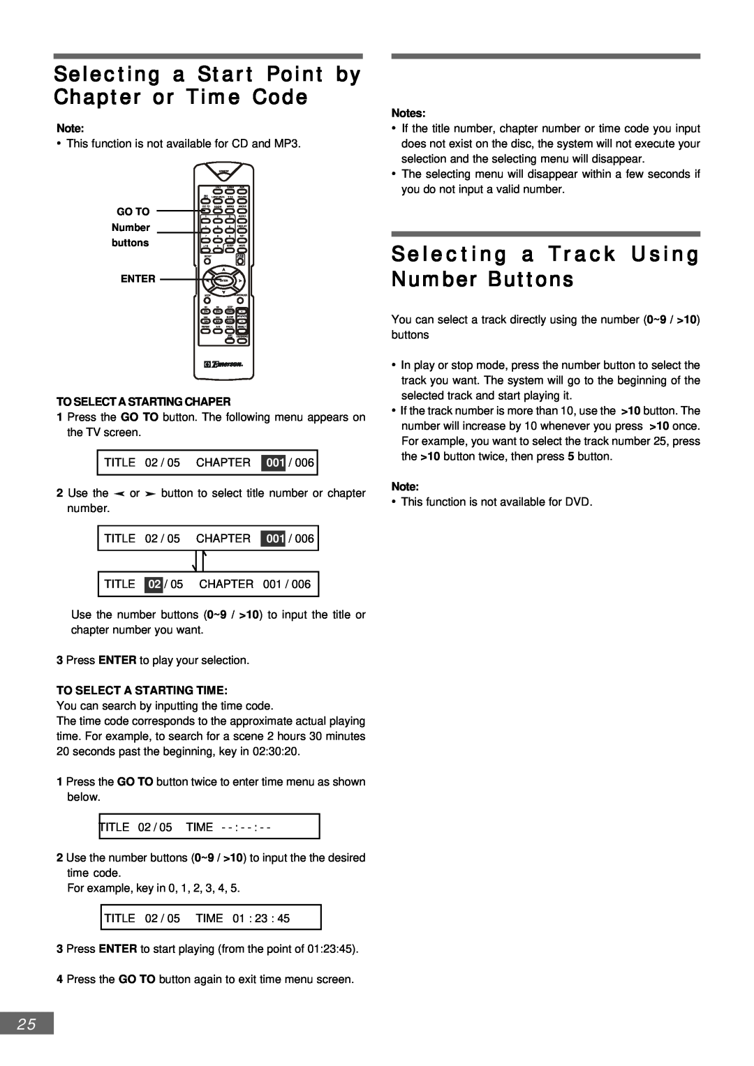Emerson AV301 owner manual Selecting a Start Point by Chapter or Time Code, Selecting a Track Using Number Buttons 