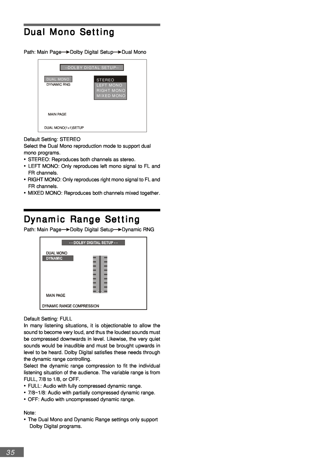 Emerson AV301 owner manual Dual Mono Setting, Dynamic Range Setting 