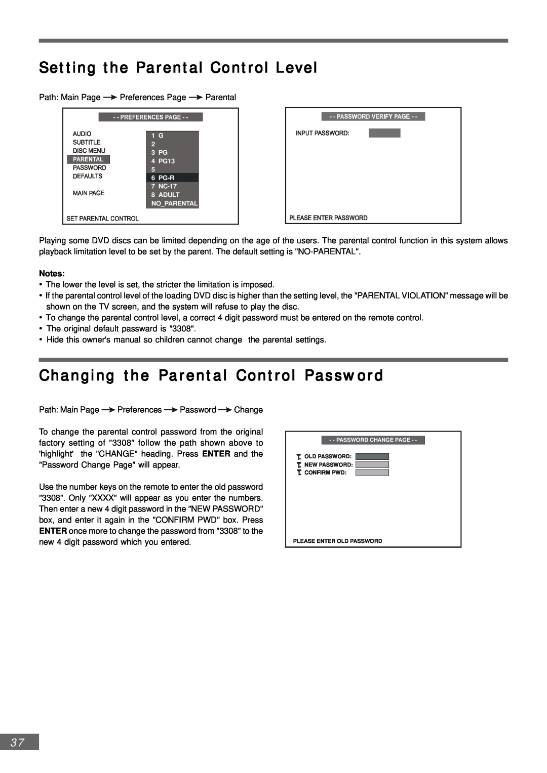 Emerson AV301 owner manual Setting the Parental Control Level, Changing the Parental Control Password 