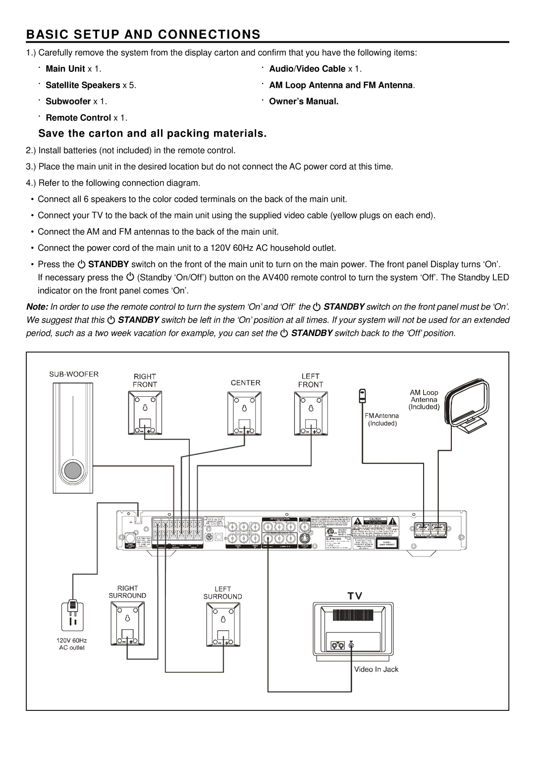 Emerson AV400 setup guide Basic Setup and Connections, Save the carton and all packing materials 