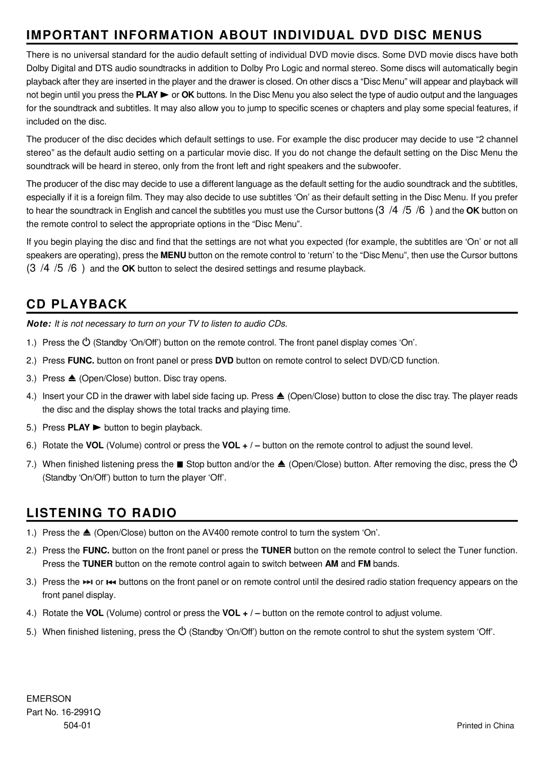 Emerson AV400 setup guide Important Information about Individual DVD Disc Menus, CD Playback, Listening to Radio 