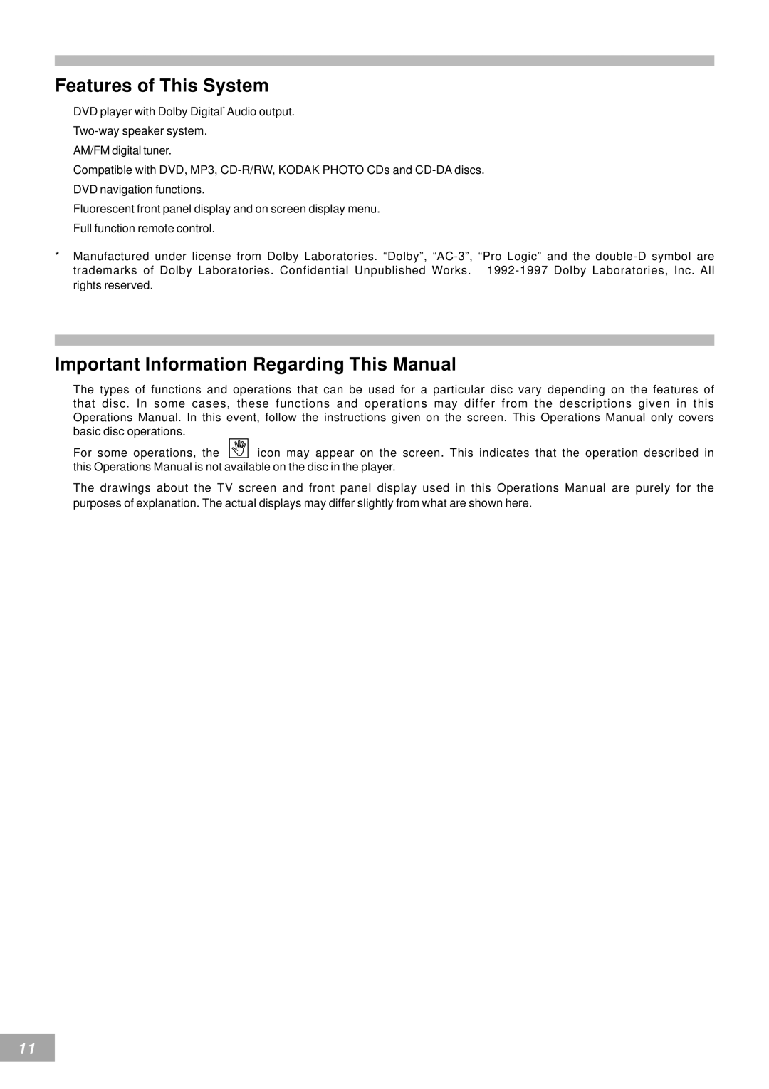 Emerson AV50 owner manual Features of This System, Important Information Regarding This Manual 