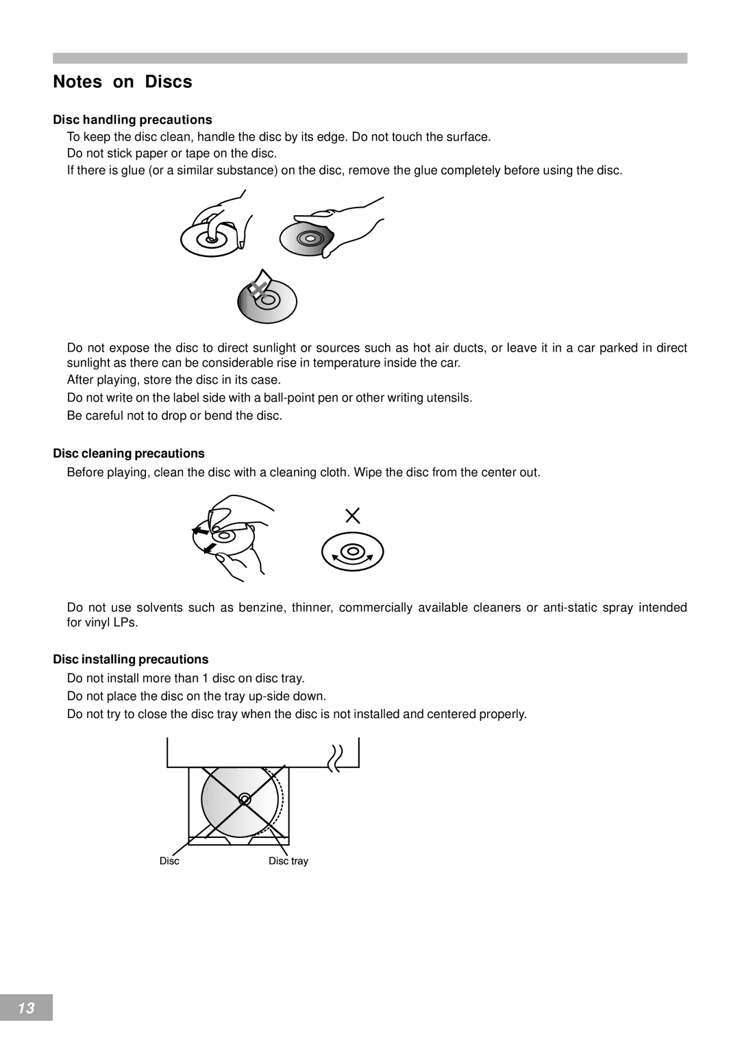 Emerson AV50 owner manual Disc handling precautions, Disc cleaning precautions, Disc installing precautions 