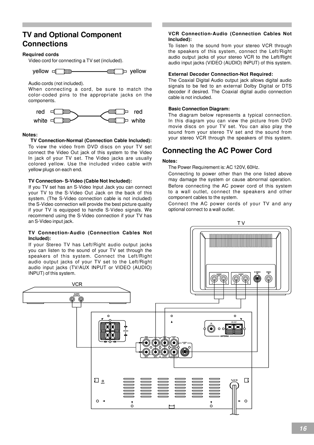 Emerson AV50 owner manual TV and Optional Component Connections, Connecting the AC Power Cord 