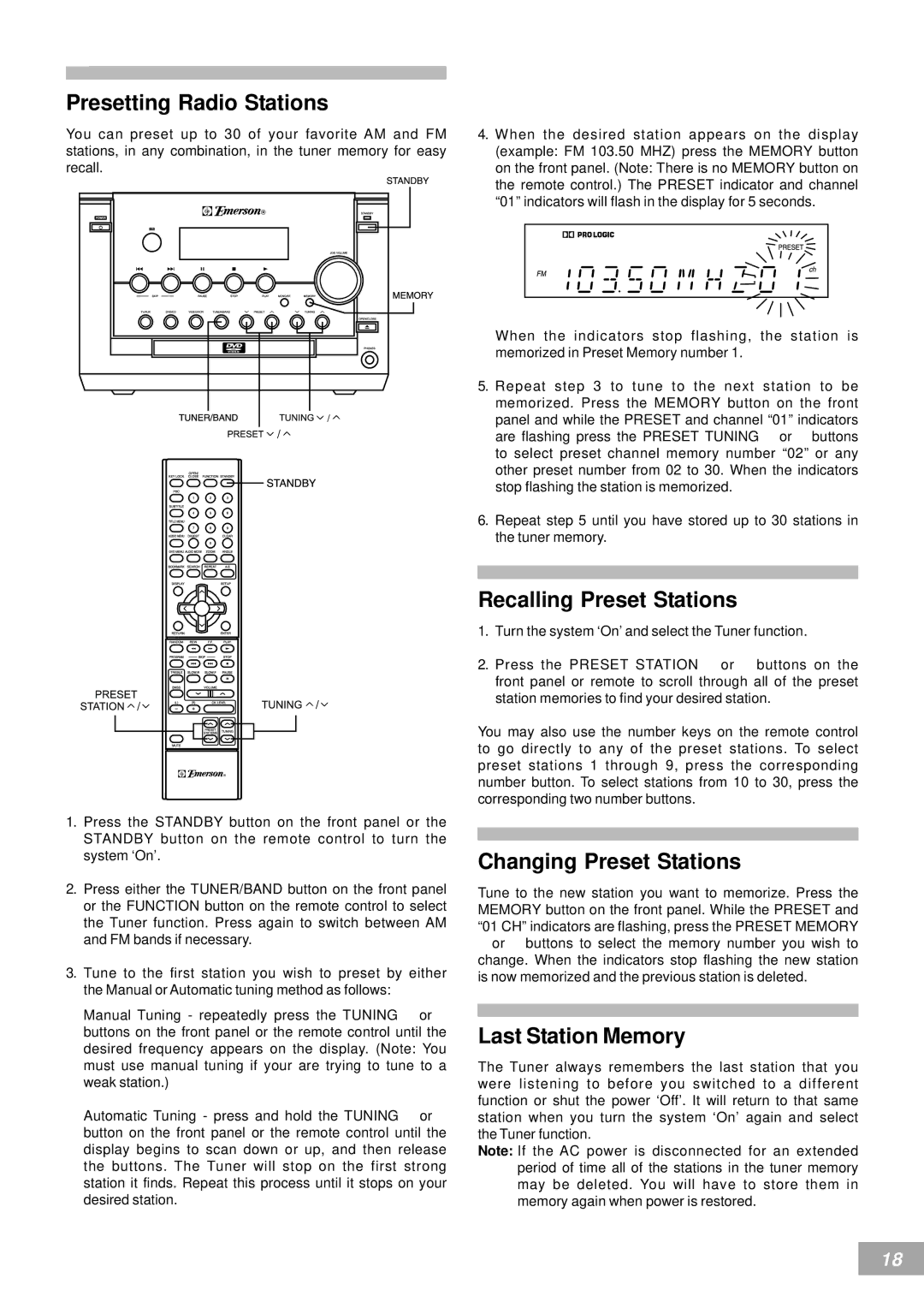 Emerson AV50 Presetting Radio Stations, Recalling Preset Stations, Changing Preset Stations, Last Station Memory 