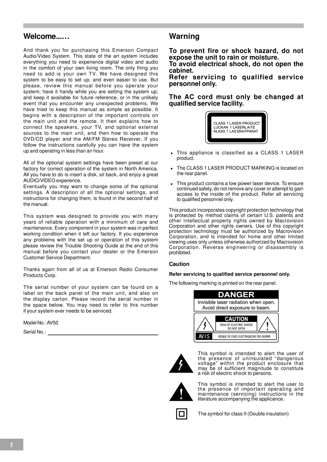 Emerson AV50 owner manual Welcome...…, Refer servicing to qualified service personnel only 