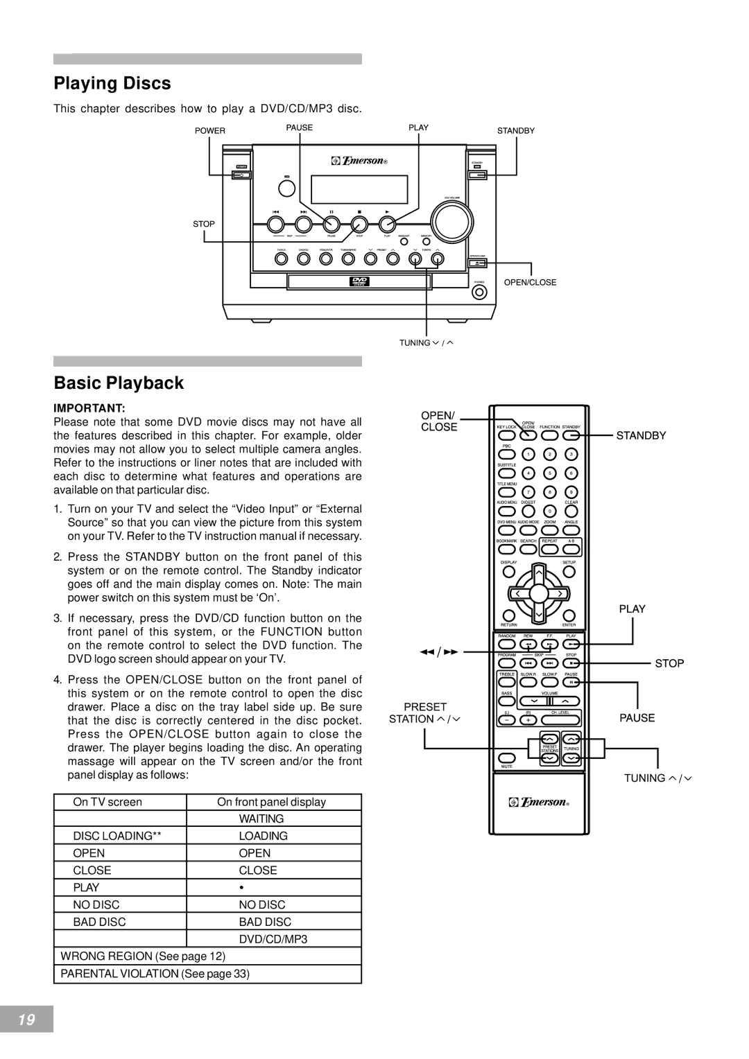 Emerson AV50 owner manual Playing Discs, Basic Playback 