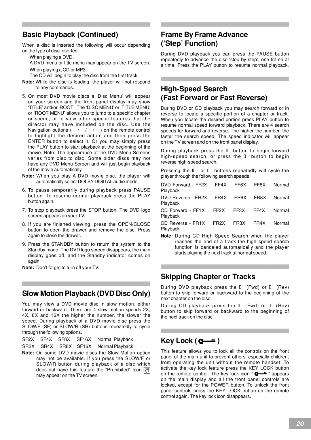 Emerson AV50 owner manual Frame By Frame Advance ‘Step’ Function, High-Speed Search Fast Forward or Fast Reverse, Key Lock 