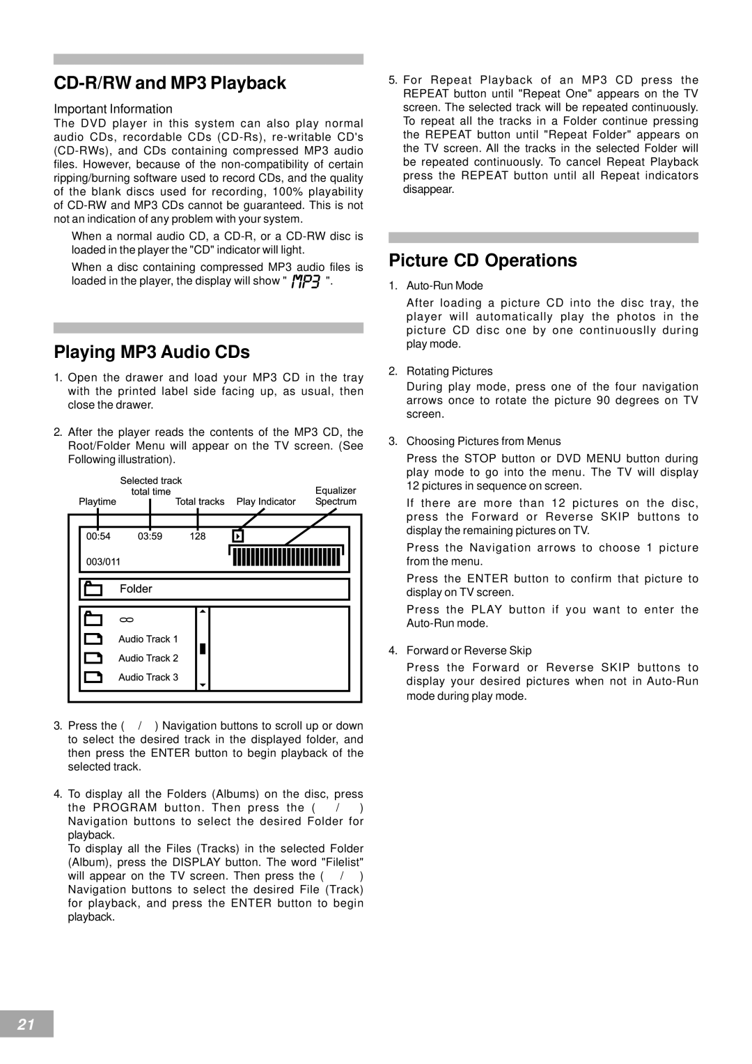 Emerson AV50 owner manual CD-R/RW and MP3 Playback, Playing MP3 Audio CDs, Picture CD Operations 