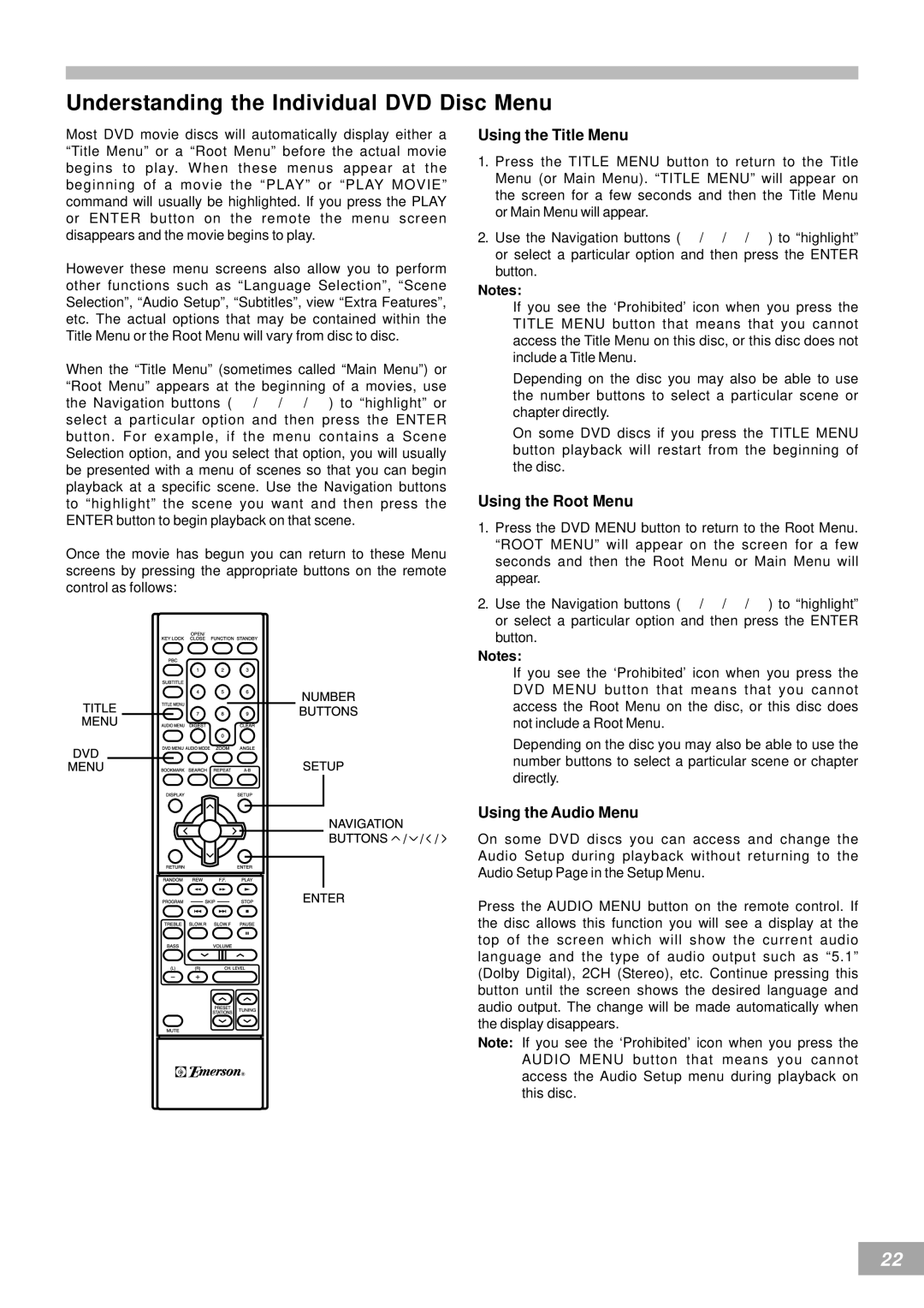 Emerson AV50 Understanding the Individual DVD Disc Menu, Using the Title Menu, Using the Root Menu, Using the Audio Menu 