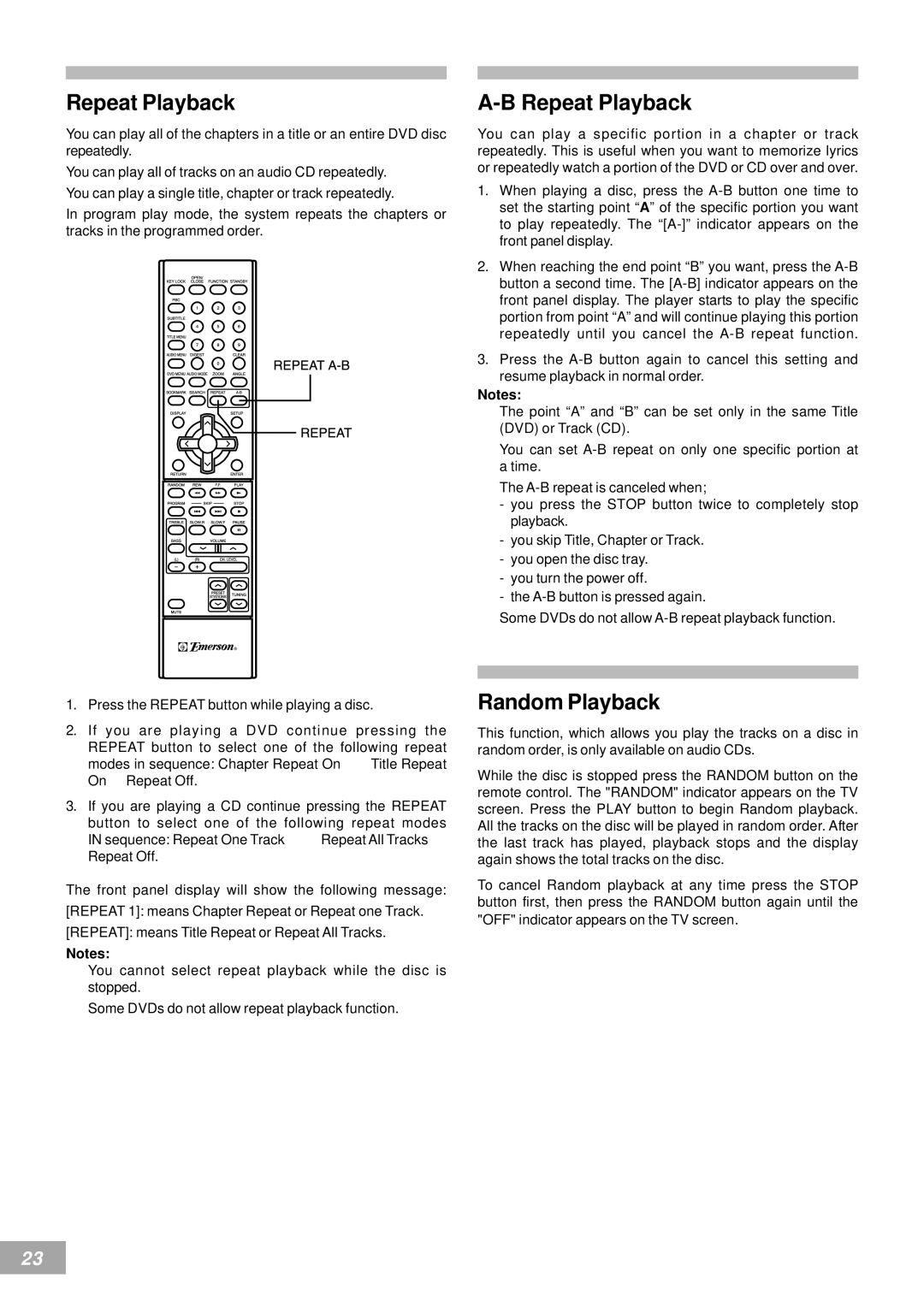 Emerson AV50 owner manual Repeat Playback, Random Playback 