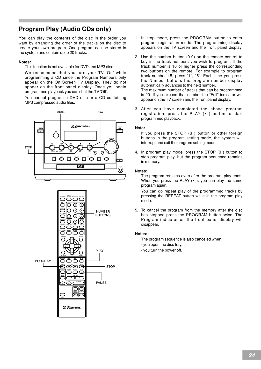 Emerson AV50 owner manual Program Play Audio CDs only 