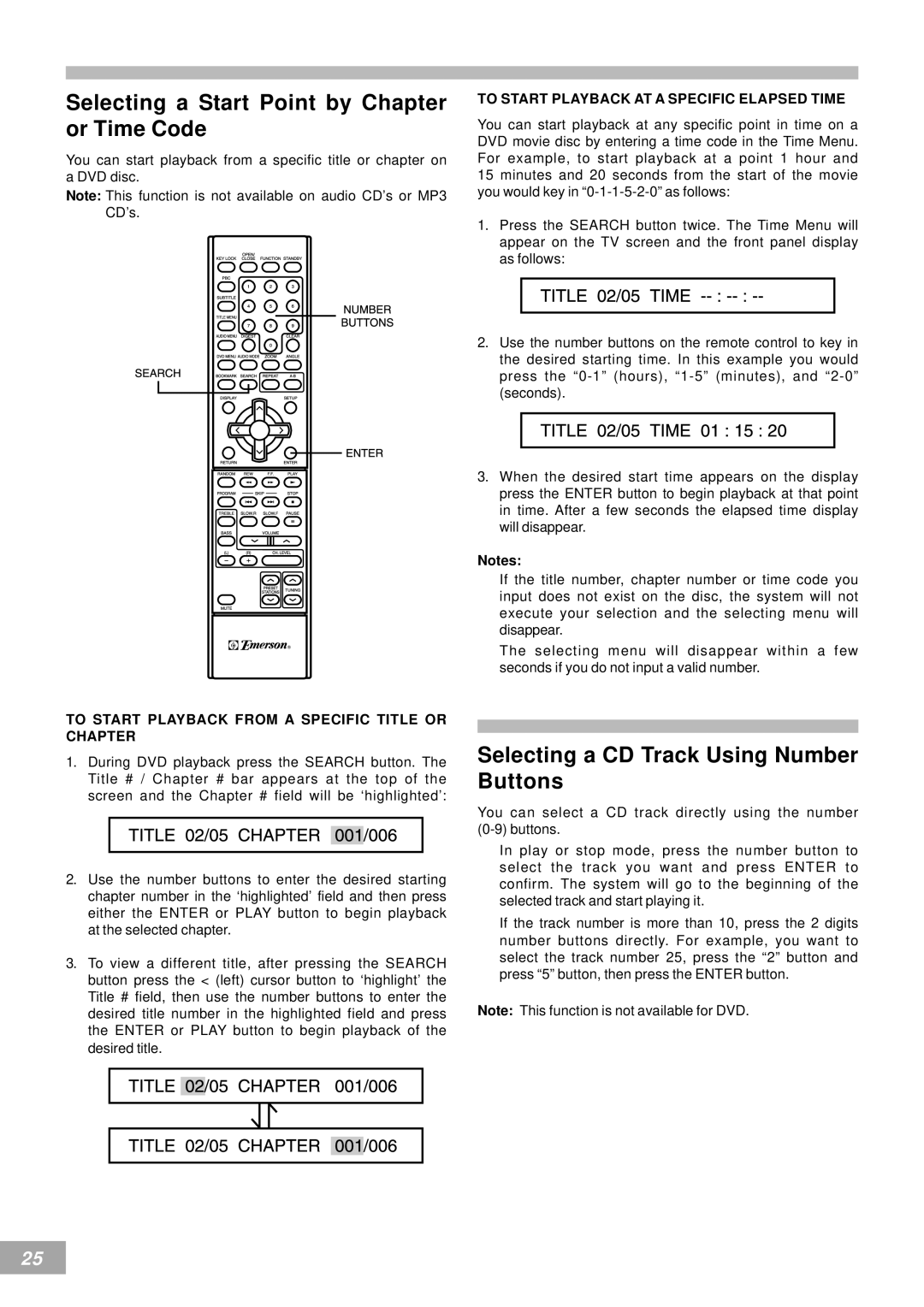 Emerson AV50 owner manual Selecting a Start Point by Chapter or Time Code, Selecting a CD Track Using Number Buttons 