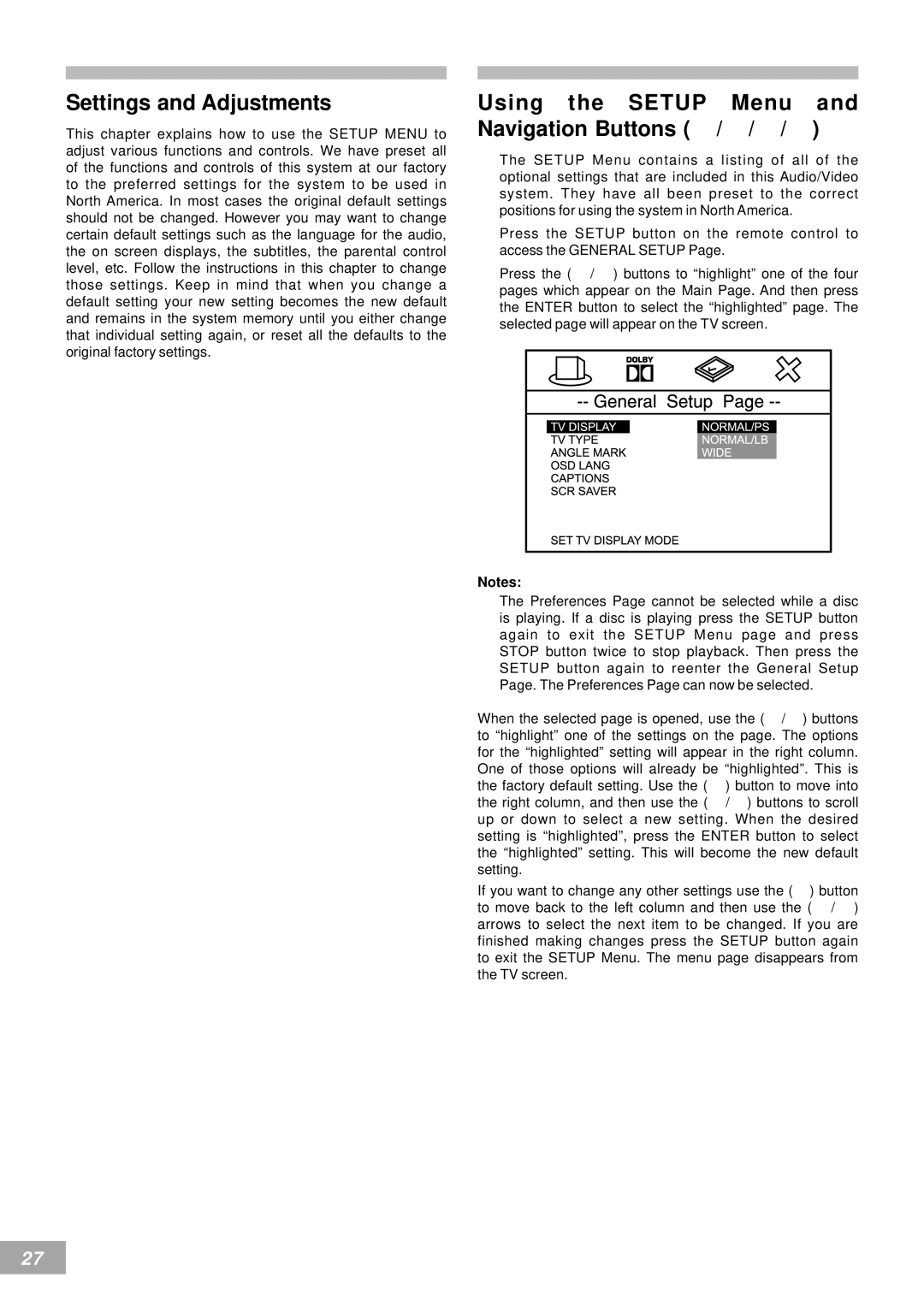 Emerson AV50 owner manual Settings and Adjustments, Using the Setup Menu and Navigation Buttons 