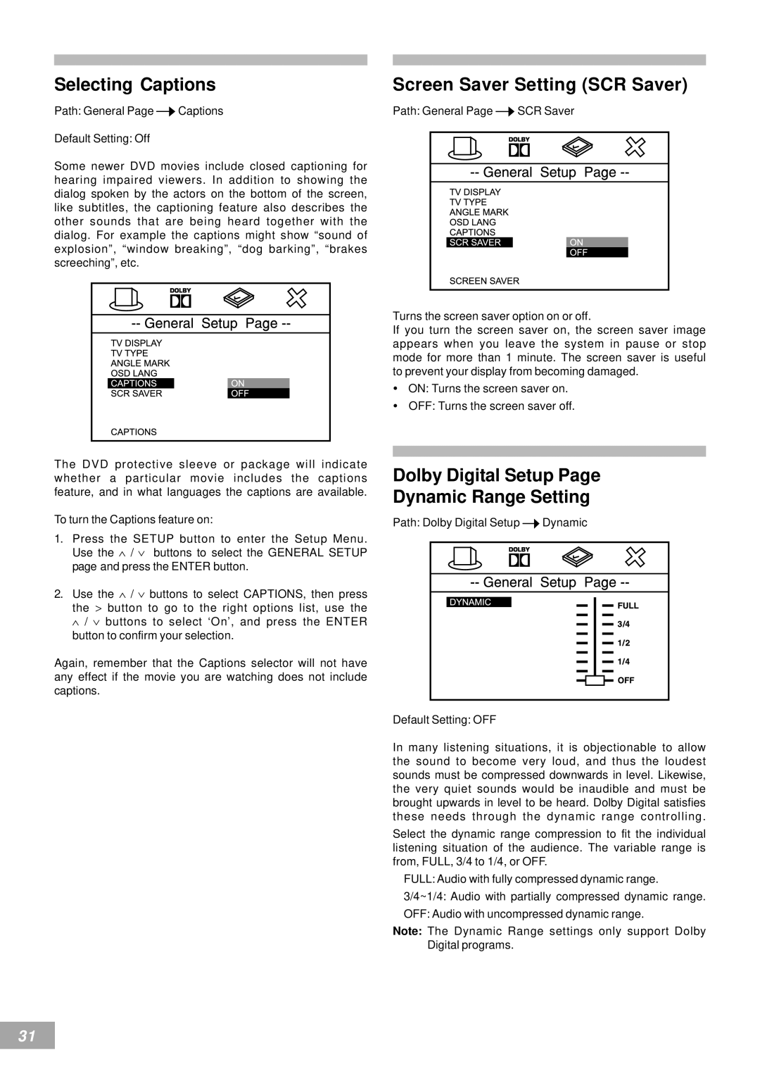 Emerson AV50 owner manual Selecting Captions, Dolby Digital Setup Dynamic Range Setting 