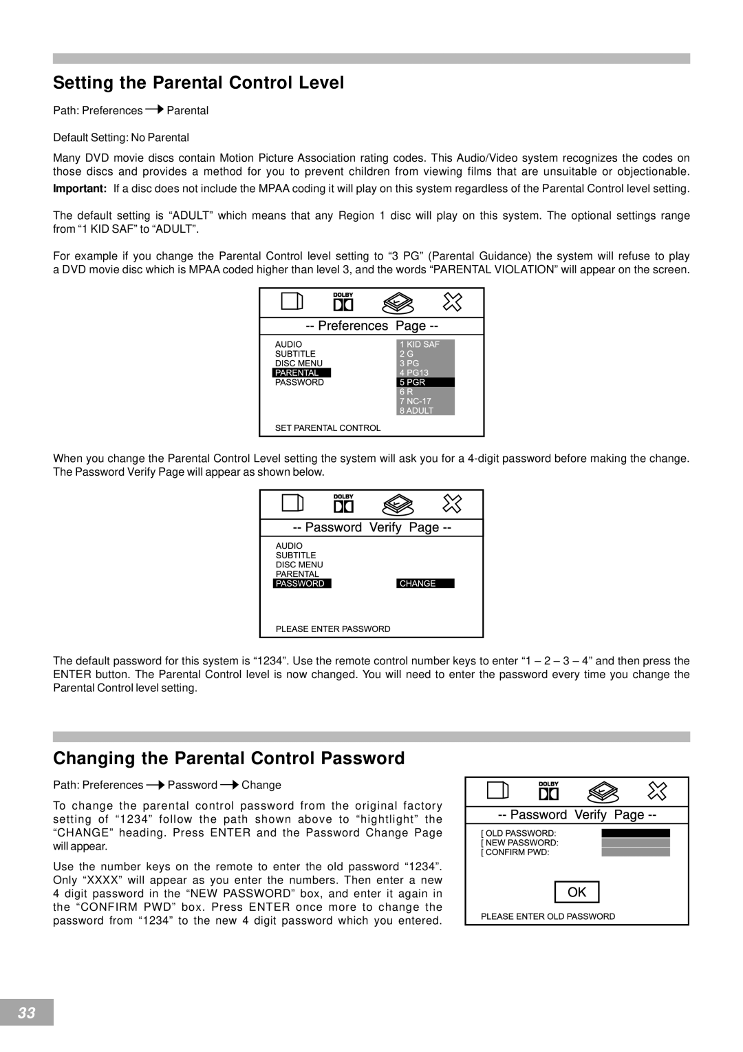 Emerson AV50 owner manual Setting the Parental Control Level, Changing the Parental Control Password 