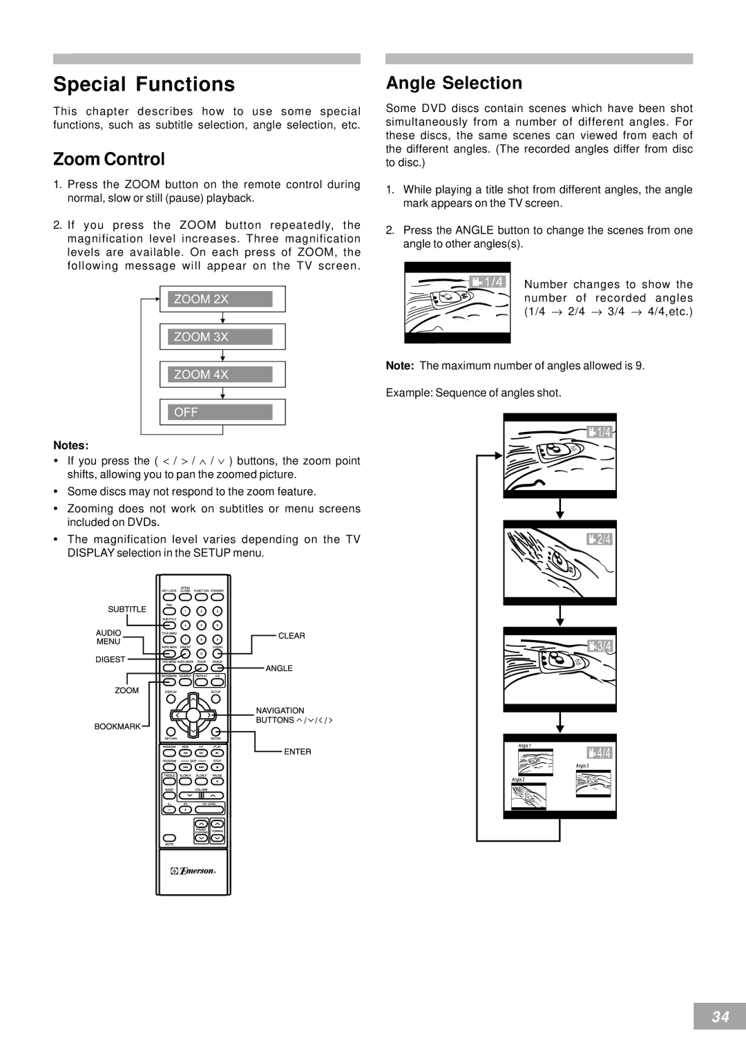 Emerson AV50 owner manual Zoom Control, Angle Selection 