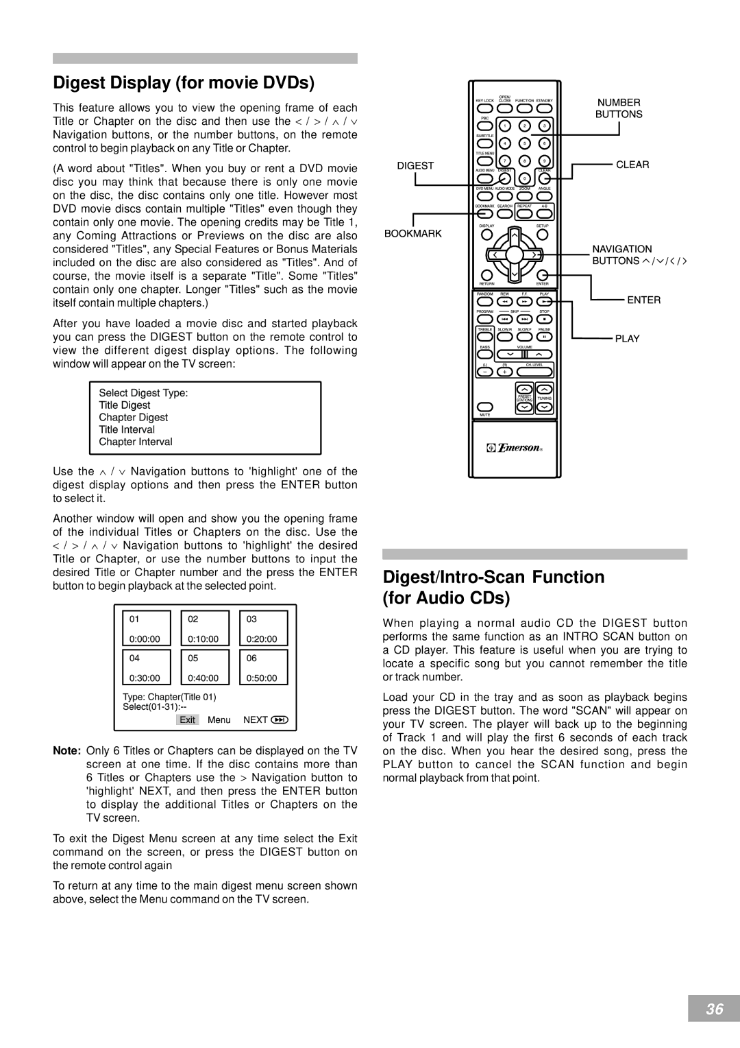 Emerson AV50 owner manual Digest Display for movie DVDs, Digest/Intro-Scan Function for Audio CDs 