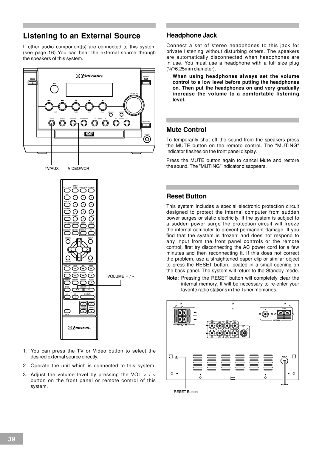 Emerson AV50 owner manual Listening to an External Source, Headphone Jack 