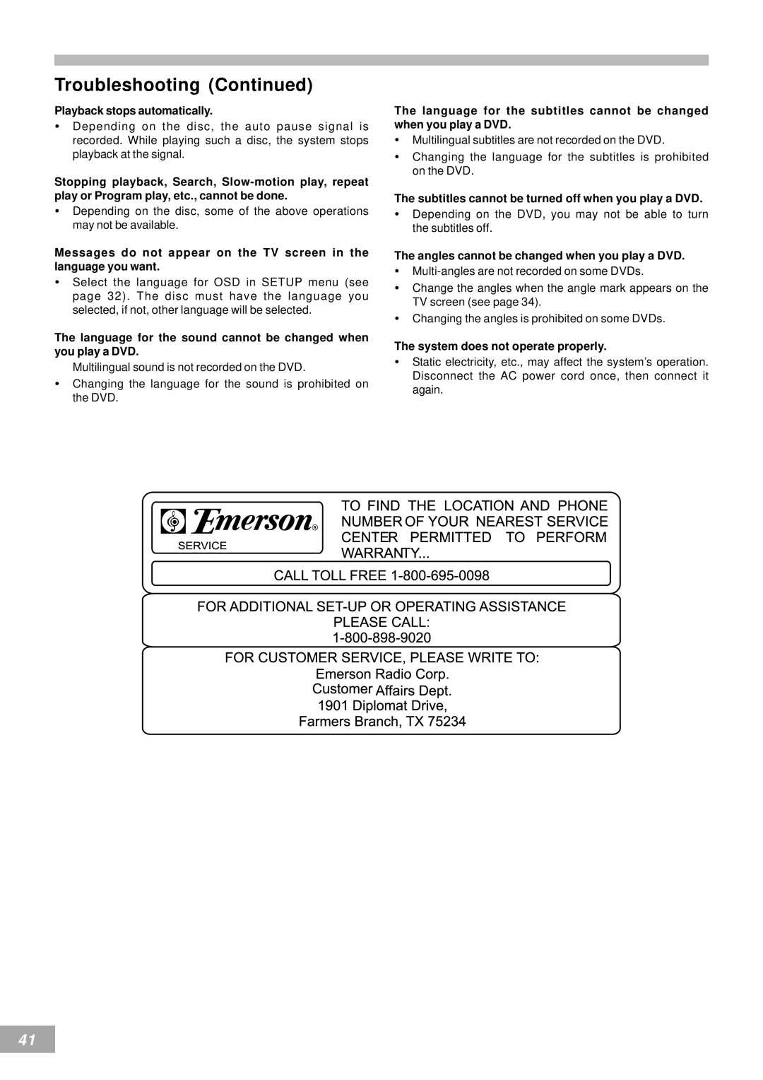 Emerson AV50 owner manual Playback stops automatically, Subtitles cannot be turned off when you play a DVD 