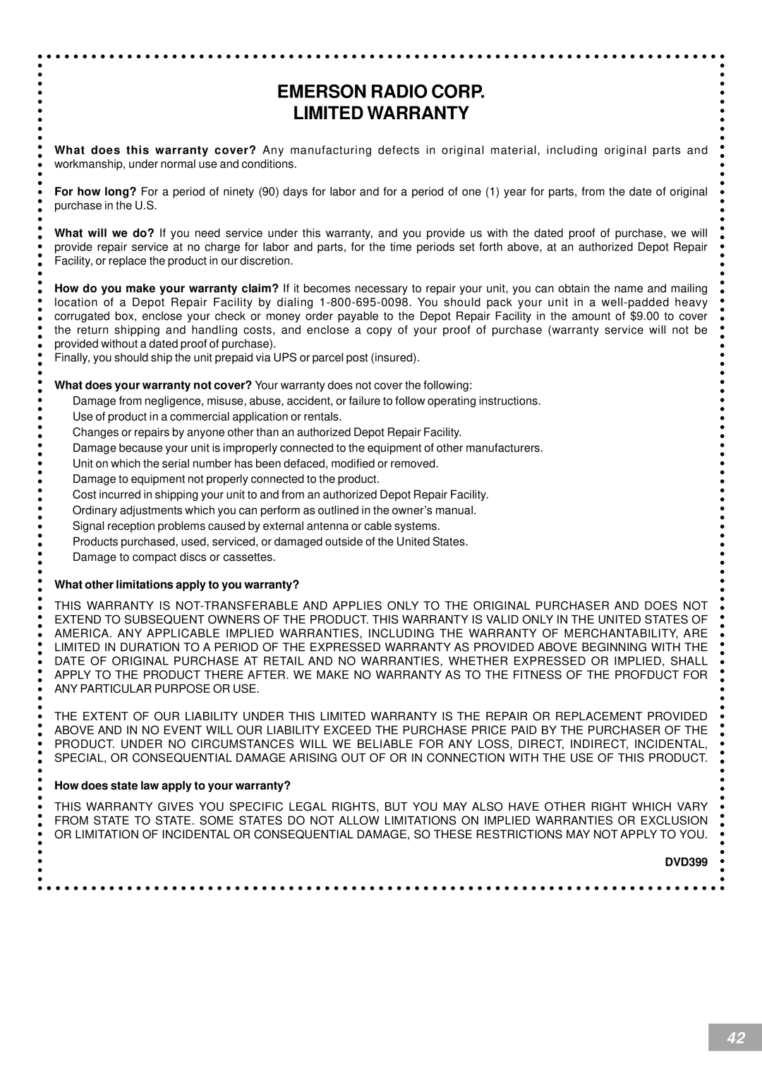 Emerson AV50 owner manual Emerson Radio Corp Limited Warranty, What other limitations apply to you warranty?, DVD399 