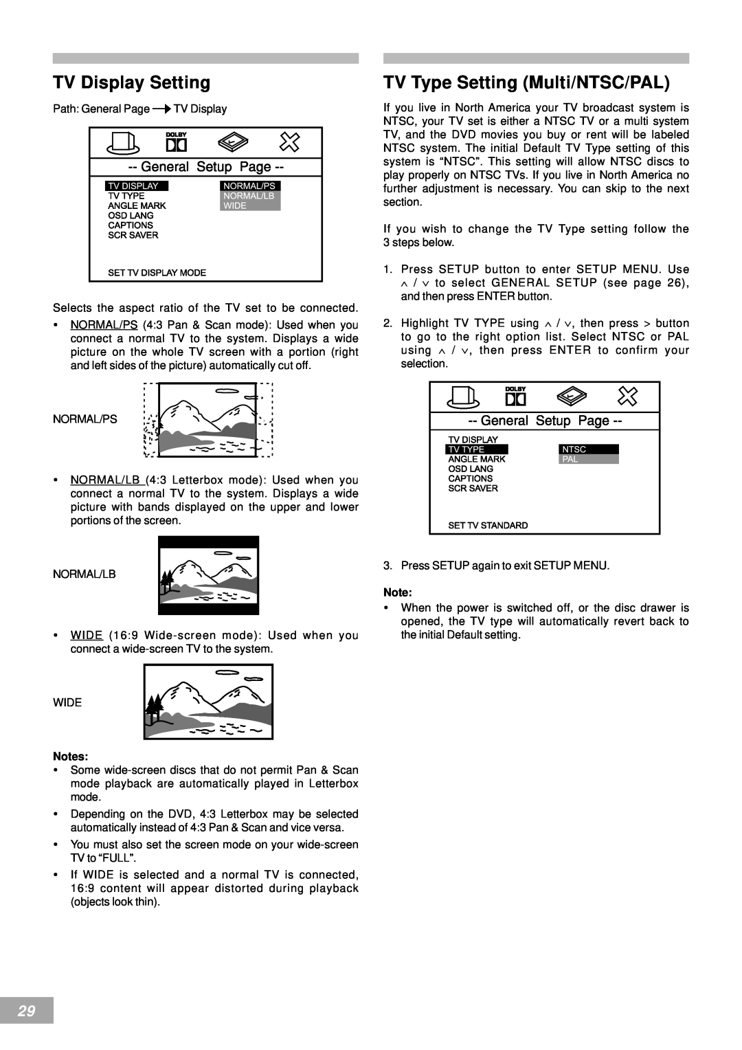 Emerson AV50 owner manual TV Display Setting, TV Type Setting Multi/NTSC/PAL 