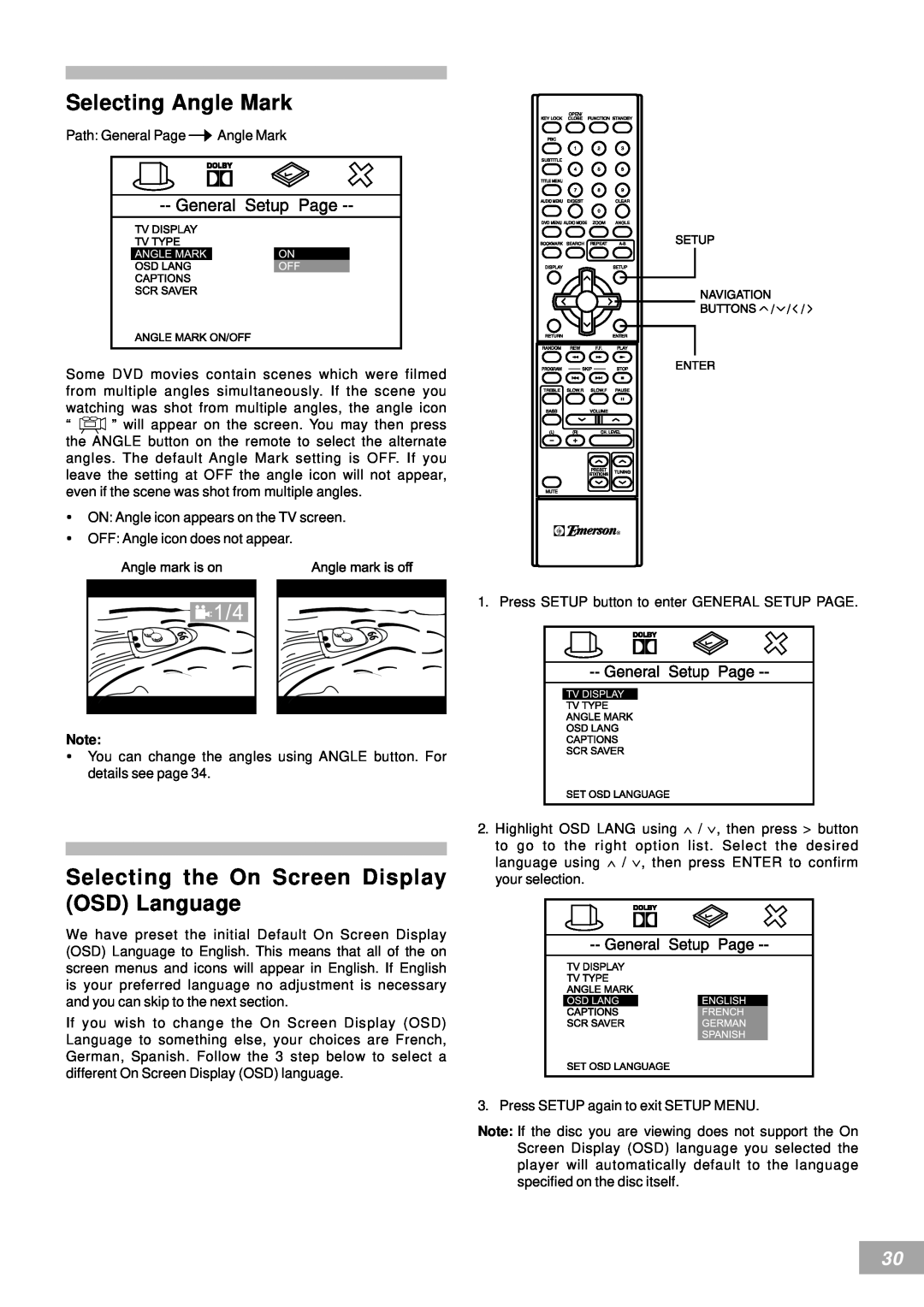 Emerson AV50 owner manual Selecting Angle Mark, Selecting the On Screen Display OSD Language 