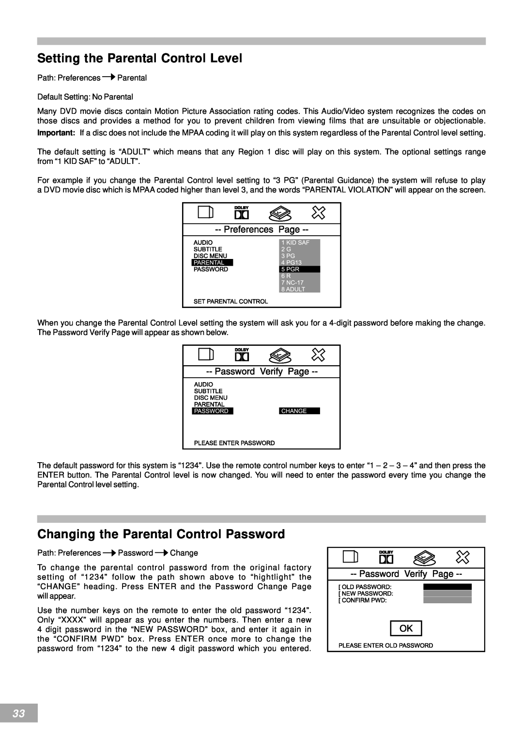 Emerson AV50 owner manual Setting the Parental Control Level, Changing the Parental Control Password 