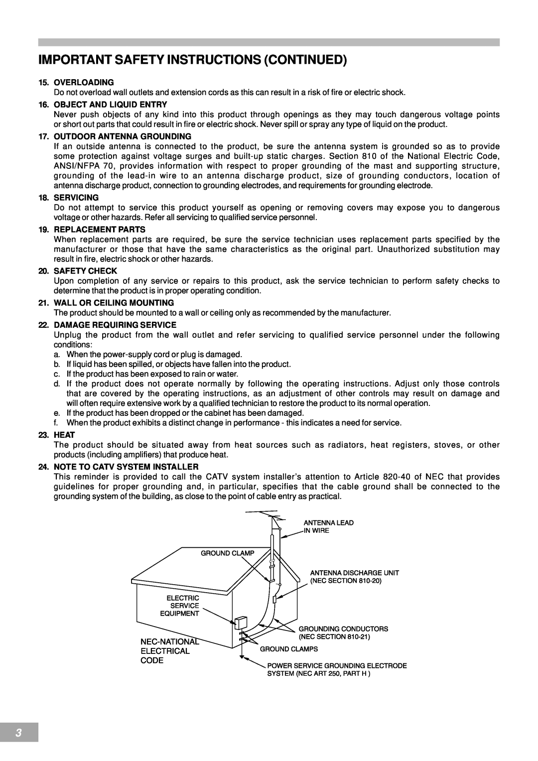 Emerson AV50 owner manual Important Safety Instructions Continued, Overloading 