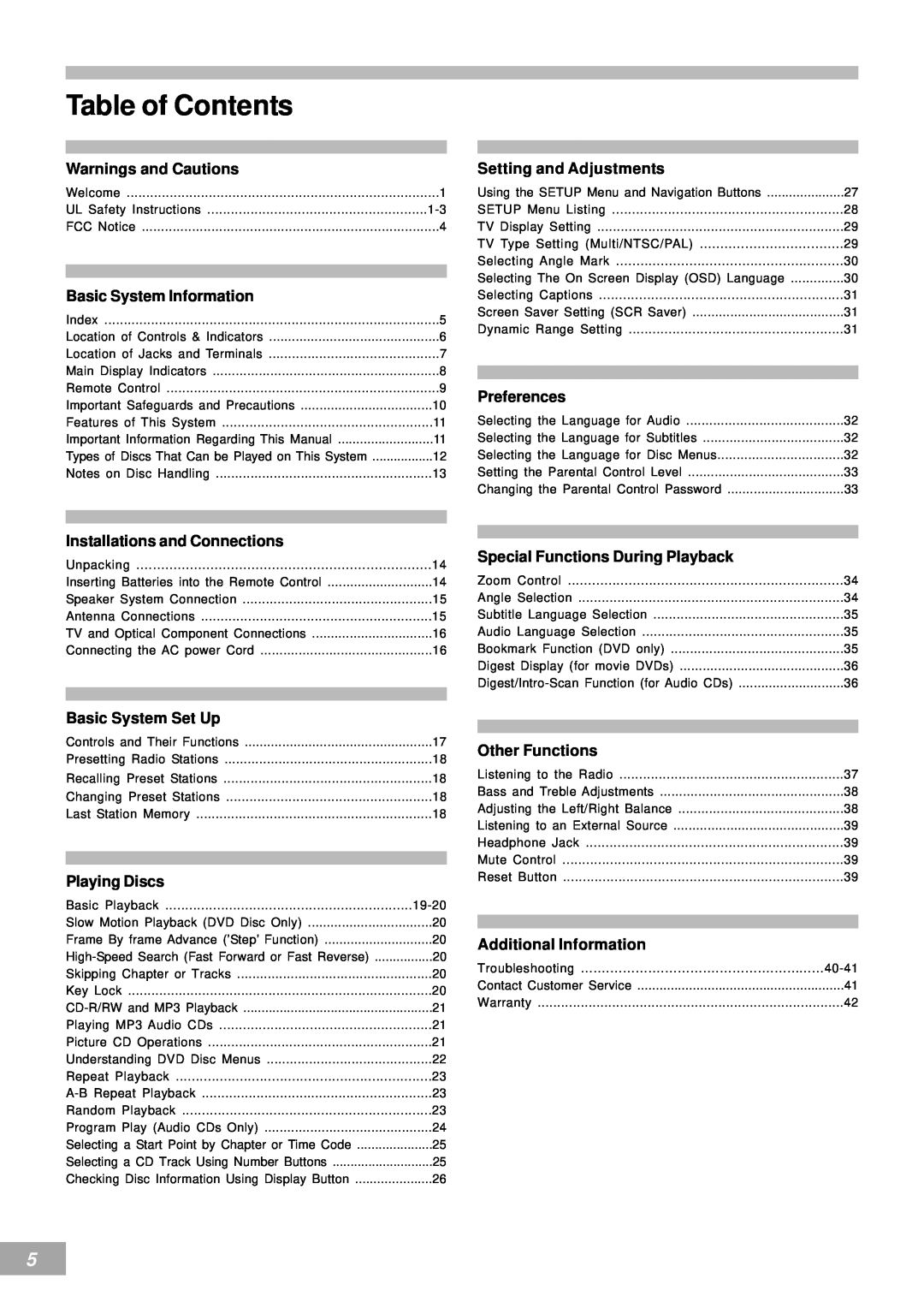 Emerson AV50 owner manual Table of Contents 